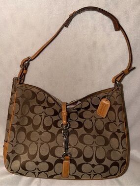 Coach Brown Signature Canvas Shoulder Bag with Tan Trim